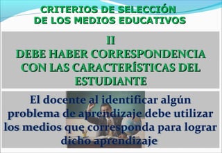 CRITERIOS DE SELECCIÓNCRITERIOS DE SELECCIÓN
DE LOS MEDIOS EDUCATIVOSDE LOS MEDIOS EDUCATIVOS
IIII
DEBE HABER CORRESPONDENCIADEBE HABER CORRESPONDENCIA
CON LAS CARACTERÍSTICAS DELCON LAS CARACTERÍSTICAS DEL
ESTUDIANTEESTUDIANTE
El docente al identificar algún
problema de aprendizaje debe utilizar
los medios que corresponda para lograr
dicho aprendizaje
 