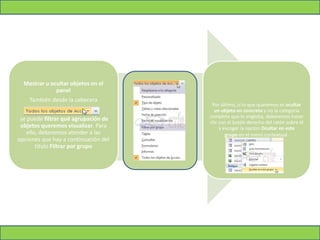 Mostrar u ocultar objetos en el
panel
También desde la cabecera
se puede filtrar qué agrupación de
objetos queremos visualizar. Para
ello, deberemos atender a las
opciones que hay a continuación del
título Filtrar por grupo
Por último, si lo que queremos es ocultar
un objeto en concreto y no la categoría
completa que lo engloba, deberemos hacer
clic con el botón derecho del ratón sobre él
y escoger la opción Ocultar en este
grupo en el menú contextual.
 