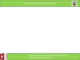 COLEGIO NACIONAL NICOLAS ESGUERRA
NOMBRES:MEJIA BORJA JHONDIDIER CURSO:903 JM
ORDOÑEZ MEJIA BILLY JEFFREY
 