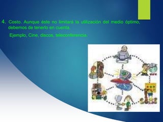 4. Costo. Aunque éste no limitará la utilización del medio óptimo,
debemos de tenerlo en cuenta.
Ejemplo, Cine, discos, teleconferencia.
 