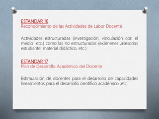 ESTANDAR 16
Reconocimiento de las Actividades de Labor Docente
Actividades estructuradas (investigación, vinculación con el
medio etc.) como las no estructuradas (exámenes ,asesorías
estudiante, material didáctico, etc.)
ESTANDAR 17
Plan de Desarrollo Académico del Docente
Estimulación de docentes para el desarrollo de capacidades
lineamientos para el desarrollo científico académico ,etc.
 