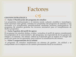 GESTION ESTRATEGICA
 Factor 1 Planificación del programa de estudios
Los propósitos institucionales y el entorno social, cultural, científico y tecnológico,
tanto nacional como global, orientan los propósitos del programa de estudios y son
revisados y/o actualizados periódicamente mediante procesos participativos. El
programa de estudios gestiona los recursos necesarios para el cumplimiento de
dichos propósitos.
 Factor 2 gestion del perfil de egreso
El programa de estudios defina, evalúa y actualiza el perfil de egreso considerando
los propósitos de la universidad y del programa, las expectativos de los grupos de
interés y el entorno. Así mismo, utiliza la evaluación que se realiza en el logro del
perfil por parte de los egresados, para realizar la actualización del mismo.
 Factor 3 aseguramiento de la calidad
el programa de estudios implementa un sistema de gestión de calidad y se
compromete con la mejora en un camino permanente hacia la excelencia.
Factores
 