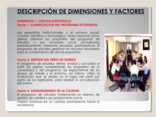 DESCRIPCIÓN DE DIMENSIONES Y FACTORESDESCRIPCIÓN DE DIMENSIONES Y FACTORES
DIMENSION 1: GESTIÓN ESTRATÉGICA
Factor 1. PLANIFICACION DEL PROGRAMA DE ESTUDIOS
Los propósitos institucionales y el entorno social,
cultural, científico y tecnológico, tanto nacional como
global, orientan los propósitos del programa de
estudios y son revisados y/o16 actualizados
periódicamente mediante procesos participativos. El
programa de estudios gestiona los recursos necesarios
para el cumplimiento de dichos propósitos.
Factor 2. GESTION DEL PERFIL DE EGRESO
El programa de estudios define, evalúa y actualiza el
perfil de egreso considerando los propósitos de la
universidad y del programa, las expectativas de los
grupos de interés y el entorno. Así mismo, utiliza la
evaluación que se realiza en el logro del perfil por
parte de los egresados, para realizar la actualización
del mismo
Factor 3. ASEGURAMIENTO DE LA CALIDAD
El programa de estudios implementa un sistema de
gestión de calidad y se compromete con la
mejora continua en un camino permanente hacia la
excelencia.
 
