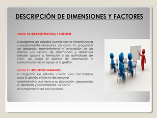 DESCRIPCIÓN DE DIMENSIONES Y FACTORESDESCRIPCIÓN DE DIMENSIONES Y FACTORES
Factor 10. INFRAESTRUCTURA Y SOPORTE
El programa de estudios cuenta con la infraestructura
y equipamiento necesarios, así como los programas
de desarrollo, mantenimiento y renovación de los
mismos. Los centros de información y referencia
brindan soporte a formación y las actividades de
I+D+i, así como el sistema de información y
comunicación es un apoyo a la gestión.
Factor 11. RECURSOS HUMANOS
El programa de estudios cuenta con mecanismos
para la gestión eficiente del personal
administrativo que tiene a su disposición, asegurando
su desarrollo y sostenibilidad, así como
el cumplimiento de sus funciones.
 