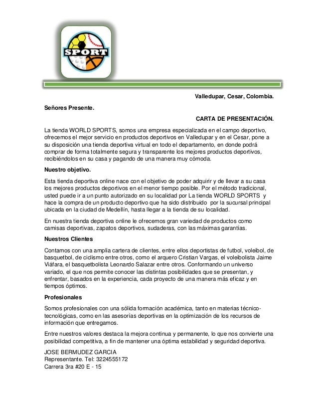 CARTA DE PRESENTACION DE UNA TIENDA DEPORTIVA \