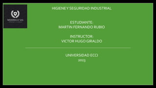 HIGIENEY SEGURIDAD INDUSTRIAL
ESTUDIANTE:
MARTIN FERNANDO RUBIO
INSTRUCTOR:
VICTOR HUGO GIRALDO
UNIVERSIDAD ECCI
2023
 