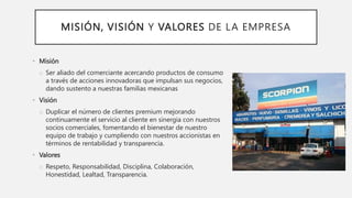 MISIÓN, VISIÓN Y VALORES DE LA EMPRESA
• Misión
o Ser aliado del comerciante acercando productos de consumo
a través de acciones innovadoras que impulsan sus negocios,
dando sustento a nuestras familias mexicanas
• Visión
o Duplicar el número de clientes premium mejorando
continuamente el servicio al cliente en sinergia con nuestros
socios comerciales, fomentando el bienestar de nuestro
equipo de trabajo y cumpliendo con nuestros accionistas en
términos de rentabilidad y transparencia.
• Valores
o Respeto, Responsabilidad, Disciplina, Colaboración,
Honestidad, Lealtad, Transparencia.
 