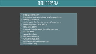 BIBLIOGRAFIA
• blogingenieria.com
• ingnieriapetroleralamejorcarrera.blogspot.com
• www.youtube.com
• ngnieriapetroleralamejorcarrera.blogspot.com
• cesem.ingenieria.usac.edu.gt
• loeu.opsu.gob.ve
• importanciadelaingpetrolera.blogspot.com
• es.scribd.com
• www.itba.edu.ar
• vlexvenezuela.com
• www.eltiempo.com
• petroleum-uagrm.blogspot.com
• es.wikipedia.org
 