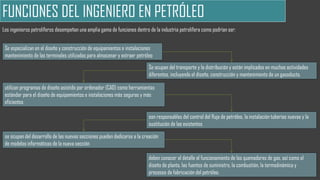 Los ingenieros petrolíferos desempeñan una amplia gama de funciones dentro de la industria petrolífera como podrían ser:
FUNCIONES DEL INGENIERO EN PETRÓLEO
Se especializan en el diseño y construcción de equipamientos e instalaciones
mantenimiento de las terminales utilizadas para almacenar y extraer petróleo
utilizan programas de diseño asistido por ordenador (CAD) como herramientas
estándar para el diseño de equipamientos e instalaciones más seguras y más
eficientes
Se ocupan del transporte y la distribución y están implicados en muchas actividades
diferentes, incluyendo el diseño, construcción y mantenimiento de un gasoducto.
se ocupan del desarrollo de las nuevas secciones pueden dedicarse a la creación
de modelos informáticos de la nueva sección
son responsables del control del flujo de petróleo, la instalación tuberías nuevas y la
sustitución de las existentes
deben conocer al detalle el funcionamiento de los quemadores de gas, así como el
diseño de planta, las fuentes de suministro, la combustión, la termodinámica y
procesos de fabricación del petróleo.
 