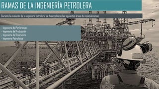 RAMAS DE LA INGENIERÍA PETROLERA
Durante la evolución de la ingeniería petrolera, se desarrollaron las siguientes áreas de especialización:
- Ingeniería de Perforación
- Ingeniería de Producción
- Ingeniería de Reservorio
- Ingeniería Petrofísica
 