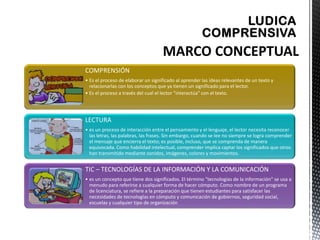 COMPRENSIÓN
• Es el proceso de elaborar un significado al aprender las ideas relevantes de un texto y
relacionarlas con los conceptos que ya tienen un significado para el lector.
• Es el proceso a través del cual el lector "interactúa" con el texto.
LECTURA
• es un proceso de interacción entre el pensamiento y el lenguaje, el lector necesita reconocer
las letras, las palabras, las frases. Sin embargo, cuando se lee no siempre se logra comprender
el mensaje que encierra el texto; es posible, incluso, que se comprenda de manera
equivocada. Como habilidad intelectual, comprender implica captar los significados que otros
han transmitido mediante sonidos, imágenes, colores y movimientos.
TIC – TECNOLOGÍAS DE LA INFORMACIÓN Y LA COMUNICACIÓN
• es un concepto que tiene dos significados. El término "tecnologías de la información" se usa a
menudo para referirse a cualquier forma de hacer cómputo. Como nombre de un programa
de licenciatura, se refiere a la preparación que tienen estudiantes para satisfacer las
necesidades de tecnologías en cómputo y comunicación de gobiernos, seguridad social,
escuelas y cualquier tipo de organización
 