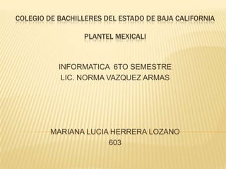 COLEGIO DE BACHILLERES DEL ESTADO DE BAJA CALIFORNIA

                 PLANTEL MEXICALI



           INFORMATICA 6TO SEMESTRE
            LIC. NORMA VAZQUEZ ARMAS




         MARIANA LUCIA HERRERA LOZANO
                      603
 