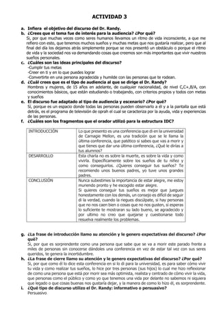 ACTIVIDAD 3
a. Infiera el objetivo del discurso del Dr. Randy.
b. ¿Crees que el tema fue de interés para la audiencia? ¿Por qué?
Si, por que muchas veces como seres humanos llevamos un ritmo de vida inconsciente, a que me
refiero con esto, que tenemos muchos sueños y muchas metas que nos gustaría realizar, pero que al
final del día los dejamos atrás simplemente porque se nos presentó un obstáculo o porque el ritmo
de vida y la sociedad nos va demandando cosas que creemos son más importantes que vivir nuestros
sueños personales.
c. ¿Cuáles son las ideas principales del discurso?
-Cumplir tus metas
-Creer en ti y en lo que puedes lograr
-Convertirte en una persona agradecida y humilde con las personas que te rodean.
d. ¿Cuál crees que es el tipo de audiencia al que se dirige el Dr. Randy?
Hombres y mujeres, de 15 años en adelante, de cualquier nacionalidad, de nivel C,C+,B/A, con
conocimientos básicos, que están estudiando o trabajando, con criterios propios y todos con metas
y sueños
e. El discurso fue adaptado al tipo de audiencia y escenario? ¿Por qué?
Sí, porque es un espacio donde todas las personas pueden observarlo a él y a la pantalla que está
detrás, es el programa de televisión de oprah el cual se caracteriza por la ayuda, vida y experiencias
de las personas.
f. ¿Cuáles son los fragmentos que el orador utilizó para la estructura IDC?
INTRODUCCIÓN Lo que presento es una conferencia que di en la universidad
de Carnagie Mellon, es una tradición que se le llama la
última conferencia, que patético si sabes que vas a morir y
que tienes que dar una última conferencia, ¿Qué le dirías a
tus alumnos?
DESARROLLO Esta charla no es sobre la muerte, es sobre la vida y como
vivirla. Específicamente sobre los sueños de tu niñez y
como conseguirlos. ¿Quieres conseguir tus sueños? Te
recomiendo unos buenos padres, yo tuve unos grandes
padres.
CONCLUSIÓN Nunca subestimes la importancia de estar alegre, me estoy
muriendo pronto y he escogido estar alegre.
Si quieres conseguir tus sueños es mejor que juegues
honestamente con los demás, un consejo es difícil de seguir
di la verdad, cuando la riegues discúlpate, si hay personas
que no nos caen bien o cosas que no nos gusten, si esperas
lo suficiente te mostraran su lado bueno, se agradecido y
por ultimo no creo que quejarse y cuestionarse todo
resuelva realmente los problemas.
g. ¿La frase de introducción llamo su atención y le genero expectativas del discurso? ¿Por
qué?
Si, por que es sorprendente como una persona que sabe que se va a morir este parado frente a
miles de personas sin conocerse dándoles una conferencia en vez de estar tal vez con sus seres
queridos, te genera la incertidumbre.
h. ¿La frase de cierre llamo su atención y le genero expectativas del discurso? ¿Por qué?
Si, por que como él lo dice esta conferencia en si lo di para la universidad, es para saber cómo vivir
tu vida y como realizar tus sueños, lo hice por tres personas (sus hijos) lo cual me hizo reflexionar
de como una persona que está por morir sea más optimista, realista y centrado de cómo vivir la vida,
que personas como el público y como yo que tenemos una vida por delante no sabemos ni siquiera
que legado o que cosas buenas nos gustaría dejar, y la manera de como lo hizo él, es sorprendente.
i. ¿Qué tipo de discurso utilizo el Dr. Randy: informativo o persuasivo?
Persuasivo
 