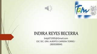 INDIRA REYES BECERRA
Indy071995@Gmail.com
ESC SEC. GRA. ALBERTO CARRERA TORRES “
28DES0004S
 