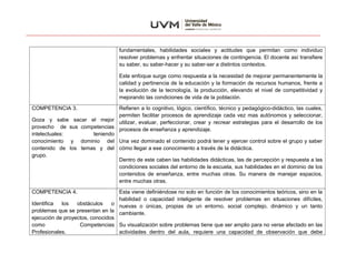 fundamentales, habilidades sociales y actitudes que permitan como individuo
resolver problemas y enfrentar situaciones de contingencia. El docente así transfiere
su saber, su saber-hacer y su saber-ser a distintos contextos.
Este enfoque surge como respuesta a la necesidad de mejorar permanentemente la
calidad y pertinencia de la educación y la formación de recursos humanos, frente a
la evolución de la tecnología, la producción, elevando el nivel de competitividad y
mejorando las condiciones de vida de la población.
COMPETENCIA 3.
Goza y sabe sacar el mejor
provecho de sus competencias
intelectuales: teniendo
conocimiento y dominio del
contenido de los temas y del
grupo.
Refieren a lo cognitivo, lógico, científico, técnico y pedagógico-didáctico, las cuales,
permiten facilitar procesos de aprendizaje cada vez mas autónomos y seleccionar,
utilizar, evaluar, perfeccionar, crear y recrear estrategias para el desarrollo de los
procesos de enseñanza y aprendizaje.
Una vez dominado el contenido podrá tener y ejercer control sobre el grupo y saber
cómo llegar a ese conocimiento a través de la didáctica.
Dentro de este caben las habilidades didácticas, las de percepción y respuesta a las
condiciones sociales del entorno de la escuela, sus habilidades en el dominio de los
contenidos de enseñanza, entre muchas otras. Su manera de manejar espacios,
entre muchas otras.
COMPETENCIA 4.
Identifica los obstáculos o
problemas que se presentan en la
ejecución de proyectos, conocidos
como Competencias
Profesionales.
Esta viene definiéndose no solo en función de los conocimientos teóricos, sino en la
habilidad o capacidad inteligente de resolver problemas en situaciones difíciles,
nuevas o únicas, propias de un entorno, social complejo, dinámico y un tanto
cambiante.
Su visualización sobre problemas tiene que ser amplio para no verse afectado en las
actividades dentro del aula, requiere una capacidad de observación que debe
 