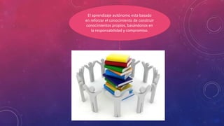 El aprendizaje autónomo esta basado
en reforzar el conocimiento de construir
conocimientos propios, basándonos en
la responsabilidad y compromiso.