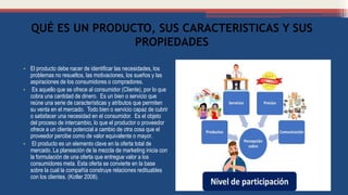 QUÉ ES UN PRODUCTO, SUS CARACTERISTICAS Y SUS
PROPIEDADES
• El producto debe nacer de identificar las necesidades, los
problemas no resueltos, las motivaciones, los sueños y las
aspiraciones de los consumidores o compradores.
• Es aquello que se ofrece al consumidor (Cliente), por lo que
cobra una cantidad de dinero. Es un bien o servicio que
reúne una serie de características y atributos que permiten
su venta en el mercado. Todo bien o servicio capaz de cubrir
o satisfacer una necesidad en el consumidor. Es el objeto
del proceso de intercambio, lo que el productor o proveedor
ofrece a un cliente potencial a cambio de otra cosa que el
proveedor percibe como de valor equivalente o mayor.
• El producto es un elemento clave en la oferta total de
mercado. La planeación de la mezcla de marketing inicia con
la formulación de una oferta que entregue valor a los
consumidores meta. Esta oferta se convierte en la base
sobre la cual la compañía construye relaciones redituables
con los clientes. (Kotler 2008).
 