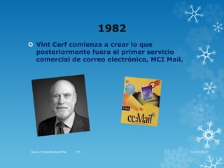 1982 
 Vint Cerf comienza a crear lo que 
posteriormente fuera el primer servicio 
comercial de correo electrónico, MCI Mail. 
Gloria Cristel Nuñez Piña 1ºI 12/12/2014 
 