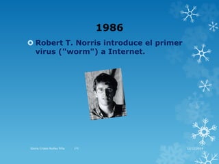 1986 
 Robert T. Norris introduce el primer 
virus ("worm") a Internet. 
Gloria Cristel Nuñez Piña 1ºI 12/12/2014 
 