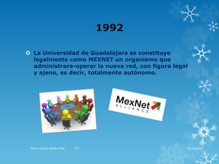 1992 
 La Universidad de Guadalajara se constituye 
legalmente como MEXNET un organismo que 
administrara-operar la nueva red, con figura legal 
y ajeno, es decir, totalmente autónomo. 
Gloria Cristel Nuñez Piña 1ºI 12/12/2014 
 