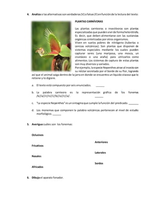 4. Analiza si lasalternativassonverdaderas(V) ofalsas(F) enfunciónde la lectura del texto:
PLANTAS CARNÍVORAS
Las plantas carnívoras o insectívoras son plantas
especializadasque puedenvivirde formaheterótrofa.
Es decir, que deben alimentarse con las sustancias
orgánicas sintetizadas por otros organismos.
Viven en suelos pobres de nitrógeno (tuberías o
cenizas volcánicas). Son plantas que disponen de
sistemas especiales mediante los cuales pueden
capturar seres (una mariposa, una mosca, un
crustáceo o una araña) para utilizarlos como
alimentos. Los sistemas de captura de estas plantas
son muy diversos y variados.
Porejemplo,laespecie Nepenthesatrae al insectocon
su néctar secretado por el borde de su flor, logrando
así que el animal caiga dentro de la jarra en donde se encuentra un líquido viscoso que lo
retiene y lo digiere.
a. El texto está compuesto por seis enunciados. ______
b. La palabra carnívora es la representación gráfica de los fonemas
/k//a//r//n//i//b//o//r//a/. ______
c. “La especie Nepenthes”esunsintagmaque cumple lafunción del predicado. _______
d. Los monemas que componen la palabra volcánicas pertenecen al nivel de estudio
morfológico. ______
5. Averigua cuáles son los fonemas:
Oclusivos
Fricativos
Nasales
Africados
Anteriores
Laterales
Sordos
6. Dibuja el aparato fonador.
 