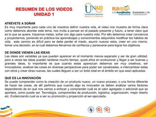 RESUMEN DE LOS VIDEOS
UNIDAD 1
ATRÉVETE A SOÑAR
Es muy importante para cada uno de nosotros definir nuestra vida, el video nos muestra de forma clara
como debemos abordar este tema, nos invita a pensar en el pasado presente y futuro, a tener claro que
es lo que se quiere, trazarnos metas, soñar con algo para nuestra vida. Por ello debemos crear conciencia
y proyectarnos, poniendo en práctica los aprendizajes y conocimientos adquiridos modificar los hábitos de
vida, este camino es difícil pero se debe perder el miedo, asumir nuevos retos, creer en uno mismo,
tomar una decisión, en la cual debemos llenarnos de confianza y perseverar para lograr los objetivos.
DE DONDE VIENEN LAS IDEAS
Las ideas son variables ya que pueden aparecer en el momento menos esperado y ser de gran utilidad,
pero a veces las ideas pueden tardarse mucho tiempo, quizá años en evolucionar y llegar a ser buenas y
grandes ideas, lo importante es que cuando estas aparezcan debemos ser muy creativos, ser
innovadores, analizar las cosas en diversas perspectivas para poder ser canalizadas, e intercambiar estas
con otros y crear otras nuevas, las cuales lleguen a ser un éxito total en el ámbito en que sean aplicadas.
QUE ES LA INNOVACIÓN
Se puede comprender como la creación de un producto nuevo, un nuevo proceso, o una forma diferente
de hacer las cosas, de allí partimos que cuando algo es innovador se deben analizar varios factores
dependiendo de en qué nos vamos a enfocar y comprender cuál es el valor agregado o adicional que se
aportara, como puede ser. Tecnología, componentes de producción, logística, organización, mejor diseño
etc. Evidenciando cual va a ser su promoción y proyección al ser ejecutada.
 