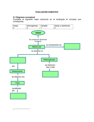 EVALUACIÓN SUMATIVA2

 8.1 Diagrama conceptual
 Completa el siguiente mapa colocando en el rectángulo el concepto que
 corresponda.

 Fases           Homogéneas       Variable          Soluto y disolvente
 3               2                1                 4

                           AGUA


                   Se contaminan fácilmente
                          formando

                                           su composición es
                       MEZCLAS

                      se clasifican en




                                         Heterogéneas

                                          se observan
son
                                           dos o más

Disoluciones

se observa una


      Fase

constituida
por




 2
 