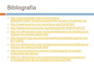Bibliografía
 http://eleconomista.com.mx/economia-
global/2013/02/13/mexico-economia-numero-12-planeta-cia
 http://www.sexenio.com.mx/articulo.php?id=61047
 http://datos.bancomundial.org/indicador/NY.GDP.PCAP.CD
 http://m.elfinanciero.com.mx/economia/como-se-distribuye-el-
ingreso-en-mexico-enigh.html
 http://www3.inegi.org.mx/sistemas/temas/default.aspx?s=est
&c=23824
 http://m.elfinanciero.com.mx/economia/como-se-distribuye-el-
ingreso-en-mexico-enigh.html
 http://semanariocritica.com/en-corto/zapopan-la-capital-
economica-de-jalisco/
 http://m.elfinanciero.com.mx/economia/mexico-se-estanca-
en-el-desarrollo-de-su-capital-humano-wef.html
 