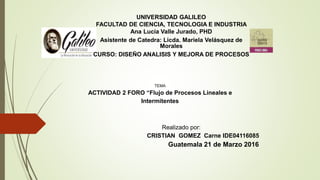 UNIVERSIDAD GALILEO
FACULTAD DE CIENCIA, TECNOLOGIA E INDUSTRIA
Ana Lucia Valle Jurado, PHD
Asistente de Catedra: Licda. Mariela Velásquez de
Morales
CURSO: DISEÑO ANALISIS Y MEJORA DE PROCESOS
TEMA
ACTIVIDAD 2 FORO “Flujo de Procesos Lineales e
Intermitentes
Realizado por:
CRISTIAN GOMEZ Carne IDE04116085
Guatemala 21 de Marzo 2016
 