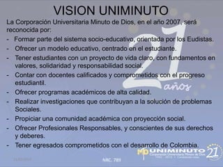 VISION UNIMINUTO
La Corporación Universitaria Minuto de Dios, en el año 2007, será
reconocida por:
- Formar parte del sistema socio-educativo, orientada por los Eudistas.
- Ofrecer un modelo educativo, centrado en el estudiante.
- Tener estudiantes con un proyecto de vida claro, con fundamentos en
   valores, solidaridad y responsabilidad social.
- Contar con docentes calificados y comprometidos con el progreso
   estudiantil.
- Ofrecer programas académicos de alta calidad.
- Realizar investigaciones que contribuyan a la solución de problemas
   Sociales.
- Propiciar una comunidad académica con proyección social.
- Ofrecer Profesionales Responsables, y conscientes de sus derechos
   y deberes.
- Tener egresados comprometidos con el desarrollo de Colombia.

  21/02/2013                    NRC. 789                            5
 