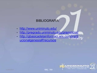 BIBLIOGRAFIA:

             - http://www.uniminuto.edu/
             - http://pregrado.uniminuto.edu/presencial/
             - http://gbasicadelainformaci.wix.com/instit
               ucionalgenesis#!recursos




21/02/2013                      NRC. 789                    50
 