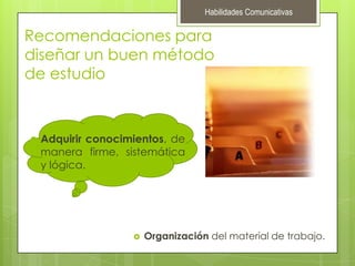 Habilidades ComunicativasRecomendaciones para diseñar un buen método de estudioAdquirir conocimientos, de manera firme, sistemática y lógica. Organización del material de trabajo. 