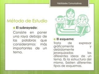 Habilidades ComunicativasMétodo de EstudioEl subrayado:Consiste en poner una raya debajo de las palabras que consideramos más importantes de un tema.El esquema:Trata de expresar gráficamente y debidamente jerarquizadas las diferentes ideas de un tema. Es la estructura del mismo. Existen diferentes tipos de esquemas.