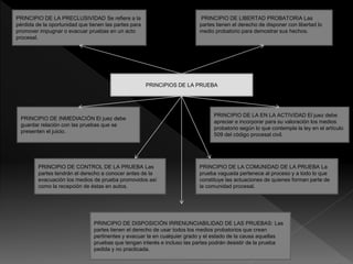 PRINCIPIOS DE LA PRUEBA
PRINCIPIO DE LA PRECLUSIVIDAD Se refiere a la
pérdida de la oportunidad que tienen las partes para
promover impugnar o evacuar pruebas en un acto
procesal.
PRINCIPIO DE LIBERTAD PROBATORIA Las
partes tienen el derecho de disponer con libertad lo
medio probatorio para demostrar sus hechos.
PRINCIPIO DE INMEDIACIÓN El juez debe
guardar relación con las pruebas que se
presenten el juicio.
PRINCIPIO DE LA EN LA ACTIVIDAD El juez debe
apreciar e incorporar para su valoración los medios
probatorio según lo que contempla la ley en el artículo
509 del código procesal civil.
PRINCIPIO DE CONTROL DE LA PRUEBA Las
partes tendrán el derecho a conocer antes de la
evacuación los medios de prueba promovidos así
como la recepción de éstas en autos.
PRINCIPIO DE LA COMUNIDAD DE LA PRUEBA La
prueba vaguada pertenece al proceso y a todo lo que
constituye las actuaciones de quienes forman parte de
la comunidad procesal.
PRINCIPIO DE DISPOSICIÓN IRRENUNCIABILIDAD DE LAS PRUEBAS: Las
partes tienen el derecho de usar todos los medios probatorios que crean
pertinentes y evacuar la en cualquier grado y el estado de la causa aquellas
pruebas que tengan interés e incluso las partes podrán desistir de la prueba
pedida y no practicada.
 