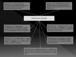 PRINCIPIOS DE LA PRUEBA
PRINCIPIO DE LA PROHIBICIÓN DE
APLICAR EL CONOCIMIENTO PRIVADO del
juez sobre los hechos: el juez debe ser
imparcial ante todo acto procesal
PRINCIPIO DEL INTERÉS PÚBLICO DE LA
PRUEBA: debido a que la administración de
justicia es un servicio público por lo tanto es de
interés social.
PRINCIPIO DE LA FORMALIDAD Y
LEGITIMIDAD DE LA PRUEBA: los medios
probatorio deben ser promovido y evacuados
por un sujeto legitimado dentro de un proceso.
PRINCIPIO DE LA IMPARCIALIDAD: el juez
debe garantizar imparcialidad y asimismo
garantizar el derecho de defensa e igualdad de
condiciones entre las partes.
PRINCIPIO DE LA GRATUIDAD: el estado
venezolano garantiza una justicia gratuita
según lo establecido en el artículo 26 de
nuestra constitución del Estado.
PRINCIPIO DE LA LICITUD DE LA PRUEBA
EN EL RESPETO A LA PERSONA: debe ser
una prueba ilícita la cual se obtiene mediante
un debido proceso.
PRINCIPIO DE LA INMACULACION DE LA PRUEBA: los
medios probatorios adquiridos dentro del proceso deben
estar libres de vicios intrínsecos y extrínsecos que lo hagan
nulo.
 