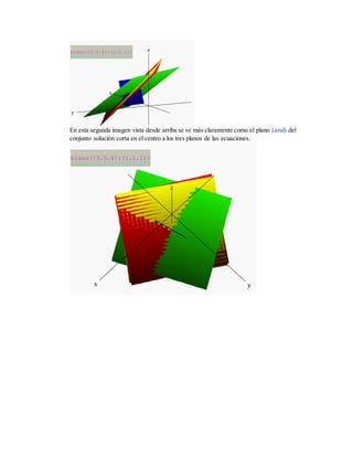 En esta segunda imagen vista desde arriba se ve más claramente como el plano (azul) del
conjunto solución corta en el centro a los tres planos de las ecuaciones.
x
y
zplano{[4,6,7];(1,1,1)}
plano{[3,5,6];(1,1,1)}
plano{[2,1,3];(1,1,1)}
x y
z
plano{[4,6,7];(1,1,1)}
plano{[3,5,6];(1,1,1)}
plano{[2,1,3];(1,1,1)}
 