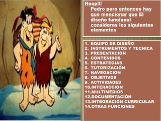 Hoop!!!
Pedro pero entonces hay
que mencionar que El
diseño funcional
consideras los siguientes
elementos
1. EQUIPO DE DISEÑO
2. INSTRUMENTOS Y TECNICA
3. PRESENTACIÓN
4. CONTENIDOS
5. ESTRATEGIAS
6. TUTORIZACIÓN
7. NAVEGACIÓN
8. OBJETIVOS
9. ACTIVIDADES
10.INTERACCIÓN
11.MULTIMEDIOS
12.DOCUMENTACIÓN
13.INTEGRACIÓN CURRICULAR
14.OTRAS FUNCIONES
 