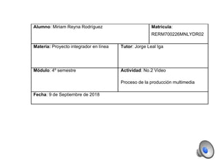 Alumno: Miriam Reyna Rodríguez Matrícula:
RERM700226MNLYDR02
Materia: Proyecto integrador en línea Tutor: Jorge Leal Iga
Módulo: 4º semestre Actividad: No.2 Video
Proceso de la producción multimedia
Fecha: 9 de Septiembre de 2018
 