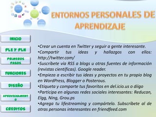 INICIO
                 •Crear un cuenta en Twitter y seguir a gente interesante.
 PLE Y PLN       •Compartir tus ideas y hallazgos con ellos:
  PRIMEROS       http://twitter.com/
   PASOS         •Suscríbete vía RSS a blogs u otras fuentes de información
                 (revistas científicas). Google reader.
 FUNCIONES       •Empieza a escribir tus ideas y proyectos en tu propio blog
                 en WordPress, Blogger o Posterous.
  DISEÑO         •Etiqueta y comparte tus favoritos en del.icio.us o diigo
                 •Participa en algunas redes sociales interesantes: Reducan,
APROVECHAMIENT
      O          Elgg, Ning, Grou.ps
                 •Agrega tu lifestreaming y compártelo. Subscríbete al de
 CREDITOS        otras personas interesantes en friendfeed.com
 