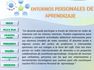 INICIO

 PLE Y PLN       “Un docente puede participar a través de Internet en redes de
  PRIMEROS       maestros con los mismos intereses. Pueden organizarse para
   PASOS         elaborar y compartir actividades didácticas interesantes para
                 sus alumnos (modelo de redes sociales). El docente asiste a
 FUNCIONES       algunos cursos del centro de profesores e intercambia
                 opiniones con sus colegas a la hora del café. Esto nos hace
  DISEÑO         pensar en redes internacionales de docentes o en proyectos
                 colaborativos de enseñanza-aprendizaje. Conjunto de recursos
APROVECHAMIENT   que utilizamos, personas con las que nos relacionamos y
      O          herramientas tecnológicas que usamos para ello constituyen
                 nuestro PLE o Entorno Personal de Aprendizaje.”
 CREDITOS
 