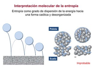 Interpretación molecular de la entropía
Pelota
Suelo
Entropía como grado de dispersión de la energía hacia
una forma caótica y desorganizada
Improbable
 