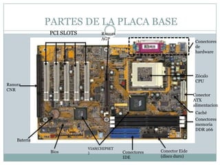 PARTES DE LA PLACA BASE
VIAS(CHIPSET
)
Batería
Bios
Ranura
CNR
PCI SLOTS Ranura
AGP
Zócalo
CPU
Conector
ATX
alimentacion
Conectores
memoria
DDR 266
Conector Eide
(disco duro)
Conectores
IDE
Conectores
de
hardware
Caché
 