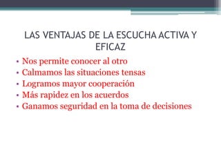 LAS VENTAJAS DE LA ESCUCHA ACTIVA Y
                  EFICAZ
•   Nos permite conocer al otro
•   Calmamos las situaciones tensas
•   Logramos mayor cooperación
•   Más rapidez en los acuerdos
•   Ganamos seguridad en la toma de decisiones
 