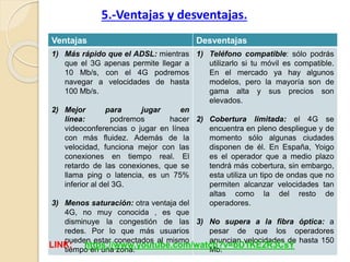 5.-Ventajas y desventajas.
Ventajas Desventajas
1) Más rápido que el ADSL: mientras
que el 3G apenas permite llegar a
10 Mb/s, con el 4G podremos
navegar a velocidades de hasta
100 Mb/s.
2) Mejor para jugar en
línea: podremos hacer
videoconferencias o jugar en línea
con más fluidez. Además de la
velocidad, funciona mejor con las
conexiones en tiempo real. El
retardo de las conexiones, que se
llama ping o latencia, es un 75%
inferior al del 3G.
3) Menos saturación: otra ventaja del
4G, no muy conocida , es que
disminuye la congestión de las
redes. Por lo que más usuarios
pueden estar conectados al mismo
tiempo en una zona.
1) Teléfono compatible: sólo podrás
utilizarlo si tu móvil es compatible.
En el mercado ya hay algunos
modelos, pero la mayoría son de
gama alta y sus precios son
elevados.
2) Cobertura limitada: el 4G se
encuentra en pleno despliegue y de
momento sólo algunas ciudades
disponen de él. En España, Yoigo
es el operador que a medio plazo
tendrá más cobertura, sin embargo,
esta utiliza un tipo de ondas que no
permiten alcanzar velocidades tan
altas como la del resto de
operadores.
3) No supera a la fibra óptica: a
pesar de que los operadores
anuncian velocidades de hasta 150
Mb.
LINK: https://www.youtube.com/watch?v=bD1KE2R3CsY
 