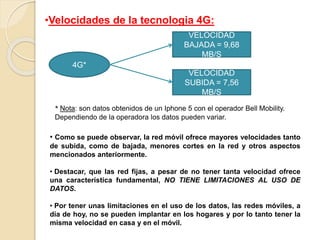 •Velocidades de la tecnologia 4G:
4G*
VELOCIDAD
BAJADA = 9,68
MB/S
VELOCIDAD
SUBIDA = 7,56
MB/S
* Nota: son datos obtenidos de un Iphone 5 con el operador Bell Mobility.
Dependiendo de la operadora los datos pueden variar.
• Como se puede observar, la red móvil ofrece mayores velocidades tanto
de subida, como de bajada, menores cortes en la red y otros aspectos
mencionados anteriormente.
• Destacar, que las red fijas, a pesar de no tener tanta velocidad ofrece
una característica fundamental, NO TIENE LIMITACIONES AL USO DE
DATOS.
• Por tener unas limitaciones en el uso de los datos, las redes móviles, a
día de hoy, no se pueden implantar en los hogares y por lo tanto tener la
misma velocidad en casa y en el móvil.
 