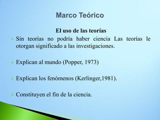 El uso de las teorías 
Sin teorías no podría haber ciencia Las teorías le otorgan significado a las investigaciones. 
Explican al mundo (Popper, 1973) 
Explican los fenómenos (Kerlinger,1981). 
Constituyen el fin de la ciencia.  