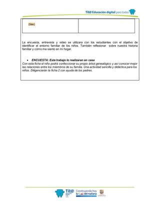 3.
4. (tías)
La encuesta, entrevista y video se utilizara con los estudiantes con el objetivo de
identificar el entorno familiar de los niños. También reflexionar sobre nuestra historia
familiar y cómo me siento en mi hogar.
 ENCUESTA: Este trabajo lo realizaran en casa
Con esta ficha el niño podrá confeccionar su propio árbol genealógico y así conocer mejor
las relaciones entre los miembros de su familia. Una actividad sencilla y didáctica para los
niños. Diligenciarán la ficha 2 con ayuda de los padres.
 