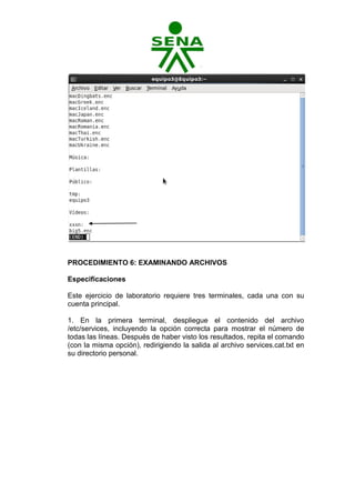 PROCEDIMIENTO 6: EXAMINANDO ARCHIVOS

Especificaciones

Este ejercicio de laboratorio requiere tres terminales, cada una con su
cuenta principal.

1. En la primera terminal, despliegue el contenido del archivo
/etc/services, incluyendo la opción correcta para mostrar el número de
todas las líneas. Después de haber visto los resultados, repita el comando
(con la misma opción), redirigiendo la salida al archivo services.cat.txt en
su directorio personal.
 
