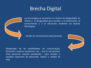 Brecha Digital
Las tecnologías se convierten en motivo de desigualdad. Se
refiere a la desigualdad para acceder a la información, al
conocimiento y a la educación mediante las Nuevas
Tecnologías.
Siendo en consecuencia estas personas
Marginadas de las posibilidades de comunicación,
formación, impulso económico, etc. , que la red permite.
Estas personas estarían paralizadas para acceder a
estudios superiores de desarrollo, mejora y calidad de
vida.
 