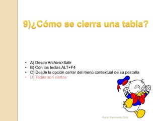 • A) Desde Archivo>Salir
• B) Con las teclas ALT+F4
• C) Desde la opción cerrar del menú contextual de su pestaña
• D) Todas son ciertas
Rocio Sarmiento Ortiz
 